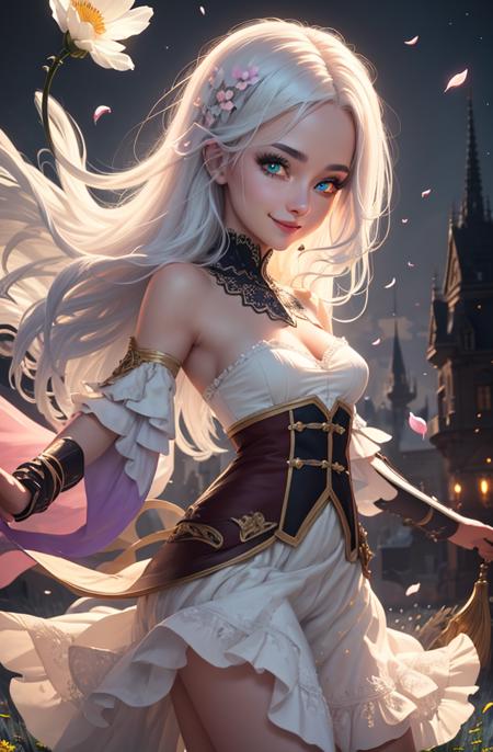 , fantasy, 1girl, (colorful),(finely detailed beautiful eyes and detailed face),cinematic lighting,bust shot,white hair,solo,smile,intricate skirt,((flying petal)),(Flowery meadow) sky, building, moonlight,, fantasy,