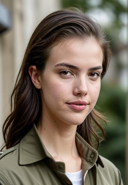 RAW close up portrait photo of alexandrabotez-ti, natural lighting, 8k uhd, dslr, high quality, film grain, Fujifilm XT3, by Ansel Adams, Military jacket and cargo pants, casual clothing, well dressed