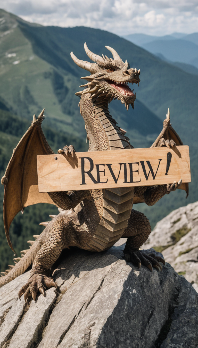 A photo of a (majestic dragon:1.3), perched atop a craggy mountain peak, holding a wooden sign with the word 'REVIEW' in b...