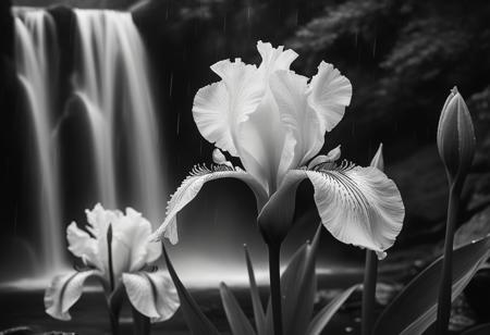 versicolor iris amidst morning raindrops surrounding cascading waterfalls, captured in monochrome black and white, digital art, composition aligned with nature's golden ratio, intricate detail worthy of trending on ArtStation, 8K resolution, photorealistic concept, soft natural volumetric light achieving a cinematic ambience akin to chiaroscuro, an award-winning oil on canvas style digital painting reminiscent of masters