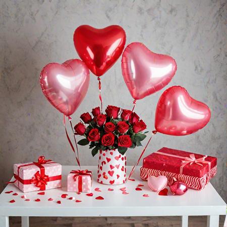 a lot several heart-shaped balloons red, a gift bag and a bouquet of pink roses on a table. Very realistic photography