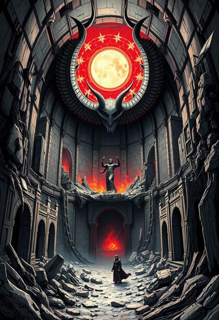 I also stood in Satan’s bosom & beheld its desolatons:
A ruin’d Man, a ruin’d building of God not made with hands;
Its plains of burning sand, its mountains of marble terrible;
Its pits & declivities flowing with molten ore & fountains
Of pitch & nitre; its ruin’d palaces & cities & mighty works;
Its furnaces of affliction, in which his Angels & Emanations
Labour with blacken’d visages among its stupendous ruins,
Arches & pyramids & porches, colonnades & domes,
In which dwells Mystery, Babylon; here is her secret place;
From hence she comes forth on the Churches in delight;
Here is her Cup fill’d with its poisons, in these horrid vales,
And here her scarlet Veil woven in pestilence & war;
Here is Jerusalem bound in chains, in the Dens of Babylon.