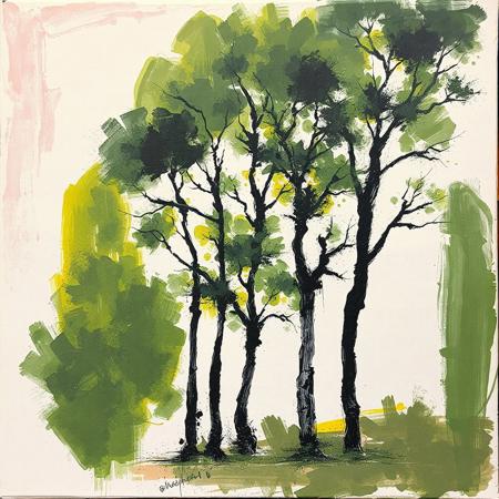 painting of trees, rendered with bold, expressive smudges and unfinished strokes