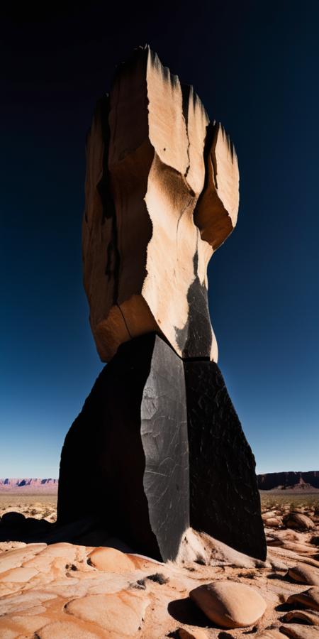 Surrealistic professionnal photography of a alien rocky landscape, gigantic black brutalist monolith, crevices, fissures, spikes, black sky, eerie, masterpiece, rough edges, extra detailed, film grain, award winning art, excellent quality <lora:xl_more_art-full_v1:0.4>