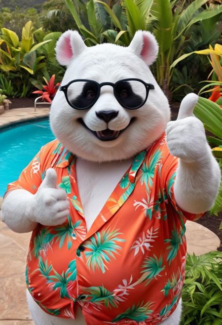 Hyperrealistic art breathtaking Helios, spy, Big Lewinsky film Style photography, Closeup, thumb-up, a fluffy obese white Cheshire panda in vibrant colorful Hawaiian shirt wearing a hr ginger inspired bunny-mask, glasses, smokey Haze, cool, flamboyant, Pool and 70s Garden in background, thumb up pose,
very detailed, HD, RAW photograph, masterpiece, top quality, the best quality, official art, highest detailed, atmospheric lighting, cinematic composition, high quality, (8k, RAW photo, highest quality),
. Award-winning, professional, highly detailed. Extremely high-resolution details, photographic, realism pushed to extreme, fine texture, incredibly lifelike