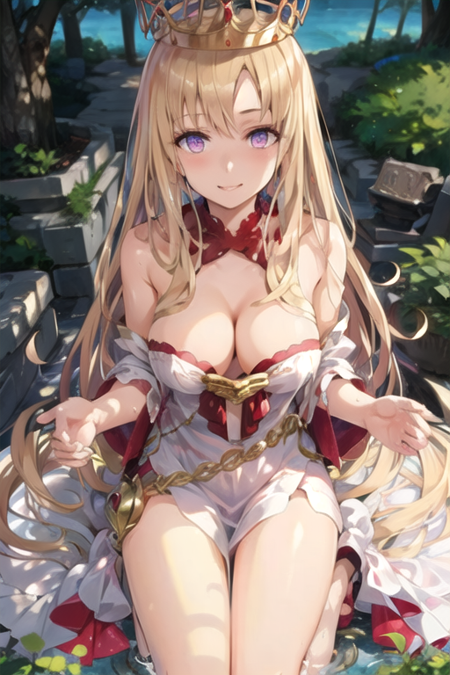 Europa a beautiful women with long blond hair wearing a white and red dress, 1girl, long hair, blonde hair, solo, breasts, dress, cleavage, very long hair, smile, looking at viewer, outdoors, crown, purple eyes,