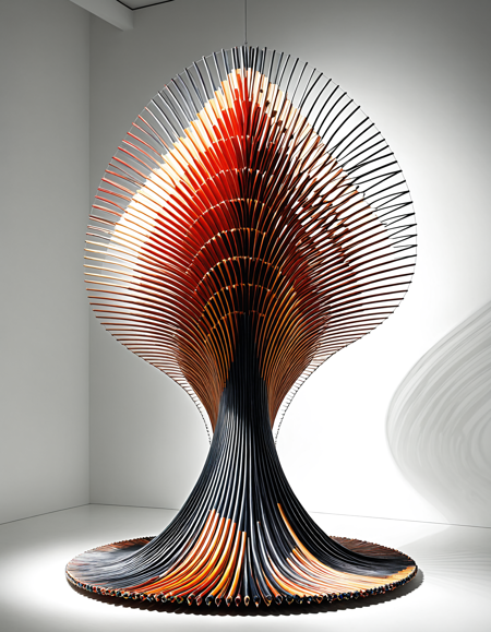 <lora:Pencil_morph_style:1.2>, masterpiece, high quality, absurdres, best quality, very aesthetic, newest, abstract sculptural art made entirely from pencils, surreal flowing composition, pencils bending, twisting, looping like rubber or fabric, suspended in air or entangled in dynamic movement, elegant lightplay, dramatic shadows, minimalist gallery background, high contrast, sharp detail on pencil tips and lacquer, photorealistic wood textures, visual tension and motion, modern art installation, harmony in chaos