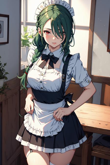 m1na, long hair, green hair,  halo, red eyes, braid, hair over one eye, black gloves, black necktie, coat,  collared white shirt, eyewear on head, jacket, black pants, holster, gun, thigh strap, thigh holster, covered navel, black footwear