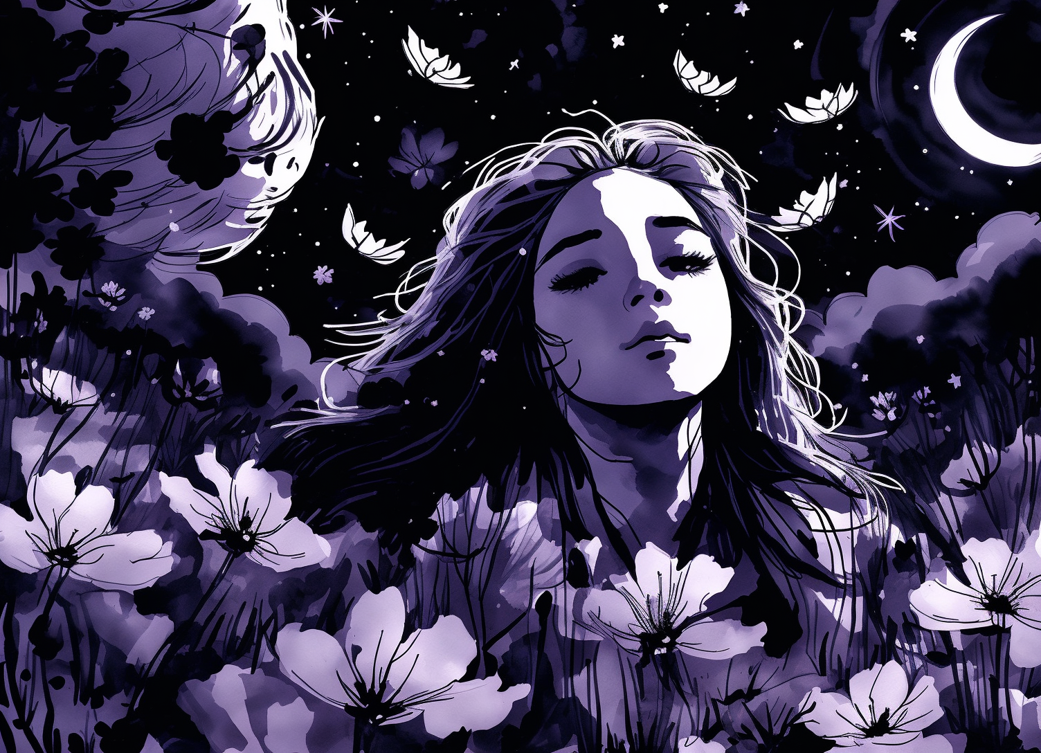 (high contrast ink painting style), a girl lying in a field of flowers looking up at the night sky, epic composition