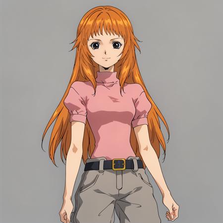 HimeUtsumiya,1girl,orange hair,long hair,black eyes, pink shirt,turtleneck,short_sleeves, belt,grey pants,baggy pants, shoes, pilot suit,pink dress,puffy_sleeves,skirt, pink pants,