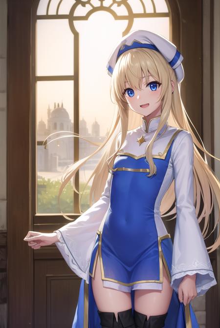 priestess, <lyco:priestess-lyco-nochekaiser:1>, 
priestess, blonde hair, blue eyes, long hair, hair between eyes, (small breast:1.2), smile, <lora:talkmouth_E_v100:1>, open mouth,
BREAK boots, dress, frilled sleeves, frills, hat, white headwear, pelvic curtain, high heels, robe, thigh boots, thighhighs, white thighhighs, long sleeves, puffy sleeves,
BREAK looking at viewer, (cowboy shot:1.5),
BREAK indoors, church,
BREAK <lyco:GoodHands-beta2:1>, (masterpiece:1.2), best quality, high resolution, unity 8k wallpaper, (illustration:0.8), (beautiful detailed eyes:1.6), extremely detailed face, perfect lighting, extremely detailed CG, (perfect hands, perfect anatomy),