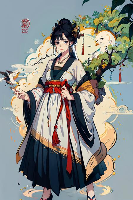 masterpiece, best quality, <lora:hanfu:1>,hanfukozue, 1girl, bird, black hair, hanfu, chinese clothes, jewelry, hair ornament, hair bun, solo, necklace, dress, wide sleeves, long sleeves, long hair, single hair bun, sash, bangs, looking at viewer, shawl, earrings, facial mark, forehead mark, black eyes, blunt bangs, beads, white dress, standing, smoke, hand up, holding, branch, full body, hair stick