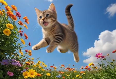 Highly detailed photograph of a tabby kitten leaping through the air above a field of colorful flowers. Side view. Floppy ears, floppy tongue, big eyes, very cute, very happy, joyful. Blue sky with fluffy clouds. Bright sun, (god rays).