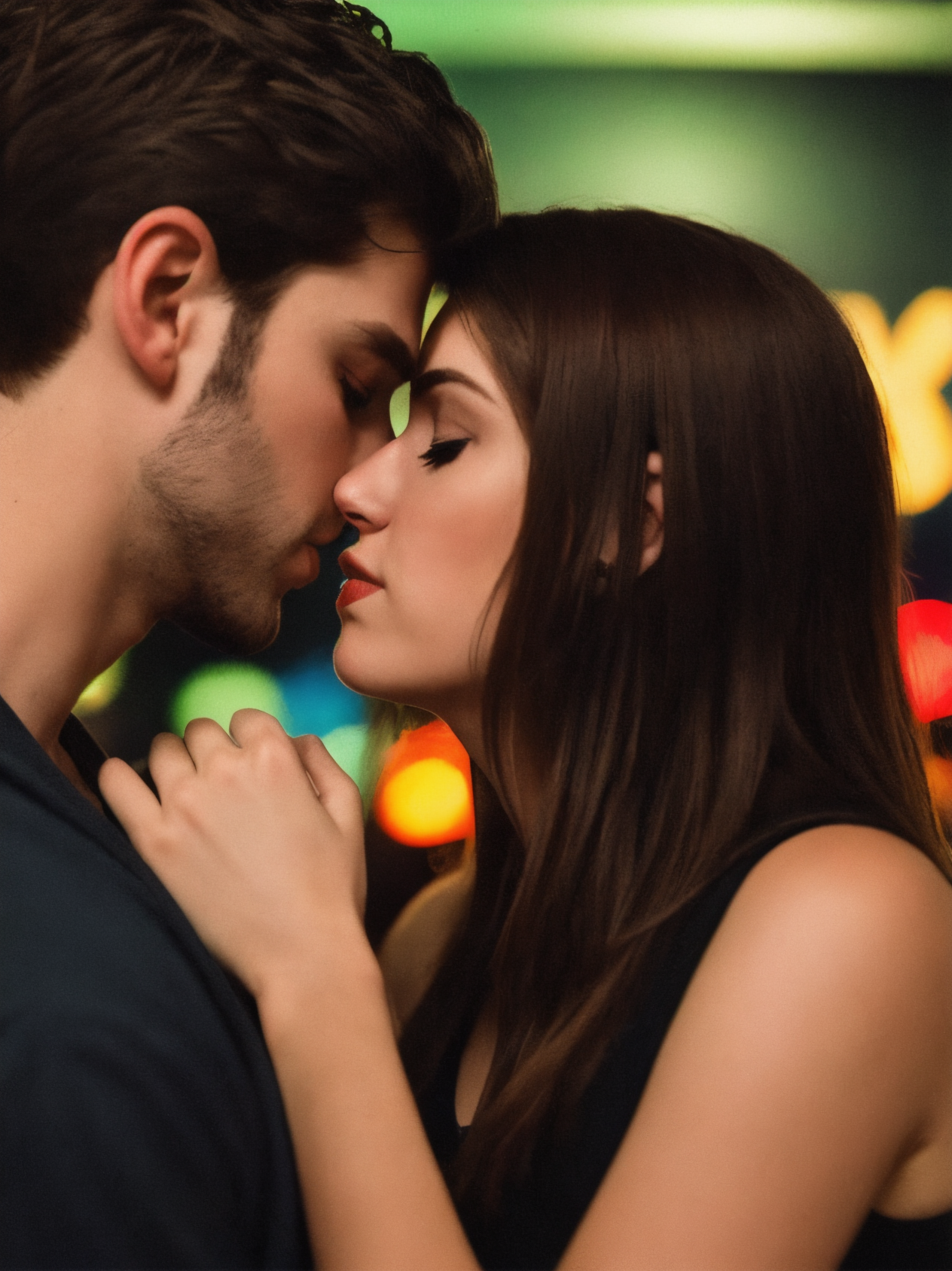 26 year old girl in a club, eyes closed about to kiss a boy with a stubble, neck grab, intimate couple photography, love, ...