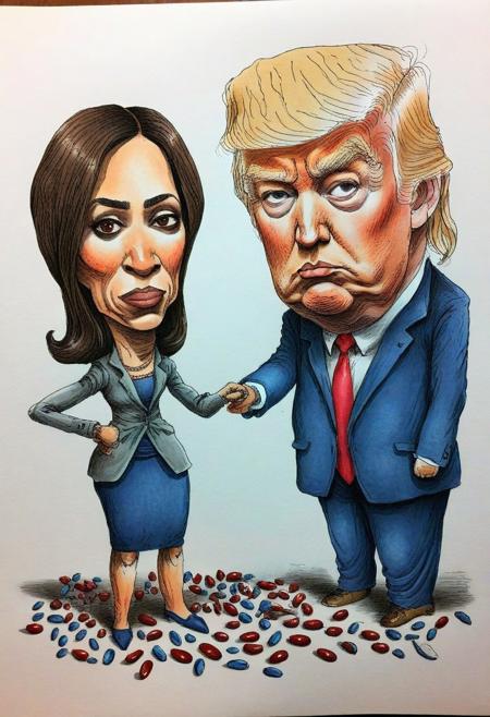 (hand drawn:1.5) (rough:1.5) ink and color (sketch:1.5) of Donald Trump and Kamala Harris counting and dividing red and blue beans, caricature in cuneo style, (full character:1.4),   (irregular lines:1.5), candid pose, extremely detailed, (surreal:1.5), paper texture background