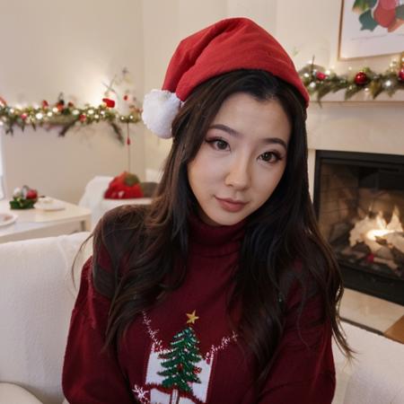 <lora:fuslie_sd15_512_128_64_v1:1> picture of fuslie long dark black hair, 1girl wearing red christmas santa hat,  wearing a turtleneck sweater, cozy fireplace in background, christmas decoration in background,