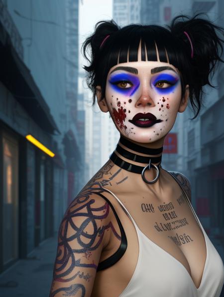 zawora,1girl, black hair, blood on face, makeup, choker, tattoo, cyberpunk