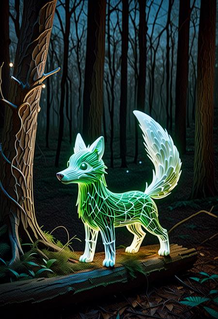In a world where technology has intertwined itself with nature, an enchanting forest glade comes alive during the night as billions of LED marshmallow stars adorn every tree branch and twine around the glowing roots of ancient oaks. Amidst this luminous wonderland resides a peculiar woodland creature - an LED marshmallow fox with a bushy tail made of flickering light bulbs, who uses its phosphorescent whiskers to manipulate a magical map guiding lost travelers through this extraordinary, digital nature preserve.