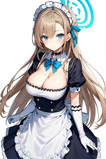 <lora:asuna_ba:1> 
asuna ba, maid headdress, bow, looking at viewer, large breasts, ribbon,gloves, long hair, mole, light brown hair, mole on breast, elbow gloves, white gloves, apron, halo, puffy sleeves, black dress, blue ribbon, white apron, solo, dress, maid, blue eyes, 1girl, blush, bowtie, choker, white background, simple background, short sleeves, blue bow, puffy short sleeves, cleavage