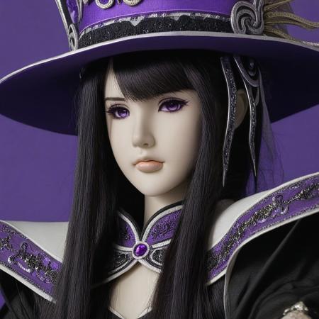 thunderboltfantasy, hIghly detailed photograph, dan fei, 1girl, long hair, black hair, purple eyes, hat, perspective portrait,