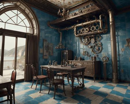 <lora:PlastTech-20:0.5>, plasttech, (extreme close up photo:0.8), (indoors, window, wide open room, wallpaper, tile floor, victorian era, ornate regal decorations, vintage:1.3), scenic view, steampunk, small metal domes, desolate wasteland, rocks,  over the water, crystal clear lake, calm blue water, craggy rock cliffs, valves, cogs, metal catwalk,  plastic, metal pipes, transparent, scifi,  synthetic, highly detailed, intricate, surreal, atmospheric, cinematic , stylized, contrast, comic, whimsical, magical, bokeh, masterpiece, photorealistic, 8k,