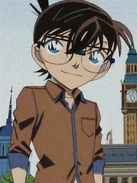 <conan>, glasses, 1boy, solo, male focus, blue eyes, brown hair, black-framed eyewear, shirt, male boy, white shirt, smile, looking at viewer, standing, short hair, London, sherlock holmes