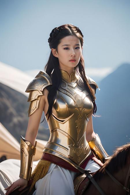 liuyifei,greek war goddess, heaven armor,armor is  flamboyant and exaggerated,  also exquisitely detailed, radiating beauty, adorned with intricate patterns and emblems    art deco, realism, elegance, highly detailed, artstation, concept art, painterly, golden ratio, sharp focus, illustration, art by jama jurabaev and greg rutkowski, trending on artstation, hd <lora:liuyifei_dragon_mj7_8:0.6>