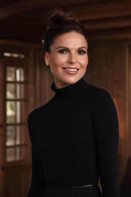 photo of (regina mills <lora:reginaMills:1>:1), an attractive woman, in a (chalet), wearing a (turtleneck-tissue-dress:1.1), (smiling), shallow depth of field, vignette, high budget Hollywood film, bokeh, cinemascope, epic, gorgeous, film grain . 35mm photograph, film, bokeh, professional, shot by richard renaldi, 4k, highly detailed