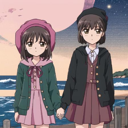 <lora:Furiava_Haakdith:1>,  a man standing under a pier at night with the sun in the background and the ocean in the foreground, 2girls, asymmetrical bangs, backpack, bag, bangs, black choker, black hair, black jacket, blush, bob cut, brown backpack, brown hair, buttons, cardigan, choker, collared dress, dress, earrings, gen 4 pokemon, green headwear, grey cardigan, hair ribbon, hat, highres, holding hands, hooded cardigan, jacket, jewelry, long sleeves, multiple girls, open clothes, pink dress, red ribbon, ribbon, short hair, tam o' shanter, yasu \(842chooo\)