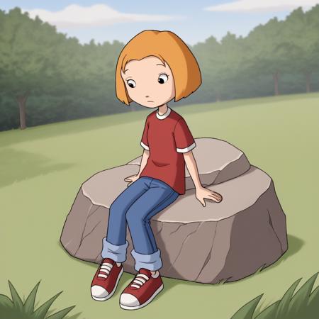 lormcquarrie, 1girl, solo, blonde hair, short hair, black eyes, red shirt, short sleeves, blue pants