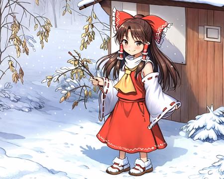 masterpiece, best quality, highly detailed, sut, full body, (1girl, solo, hakurei reimu:1.4), happy, smiling, (scarf), winter, snow, sunny day <lora:suteev_v3-000012:1>