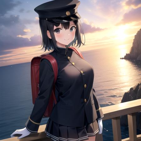 ((masterpiece)),(best quality),official art,extremely detailed CG,unity 8k wallpaper,ultra detailed,A lighthouse on a cliff by the sea,1girl,solo,cowboy shot,looking at viewer,hat,black_hair,short_hair,white_gloves,large_breasts,military_uniform,black_eyes,black_thighhighs,peaked_cap,smile,blush,backpack,pleated_skirt,<lora:Akitsu Maru(kan)>,