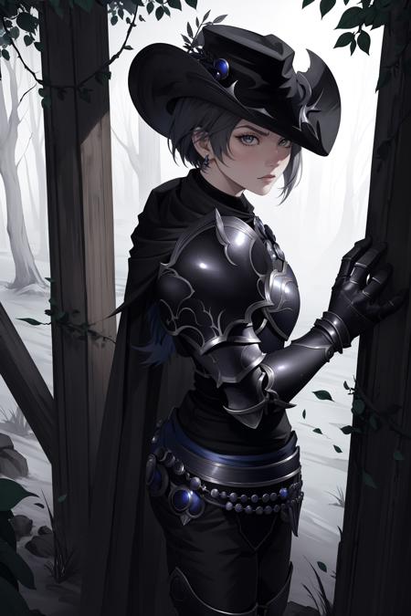 zero, 1girl, grey eyes hat, black cape, armor, gauntlets, boots