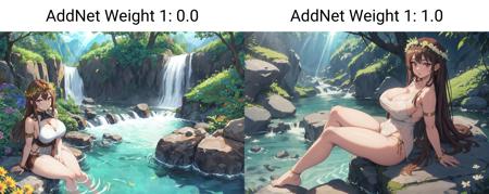 (best quality:1.4), anime, solo, large breasts, thick thighs, brown eyes, sitting, ankle bracelet, waterfall, river, rocks, mountains, ((sunbeam)), flower crown, beautiful detailed face