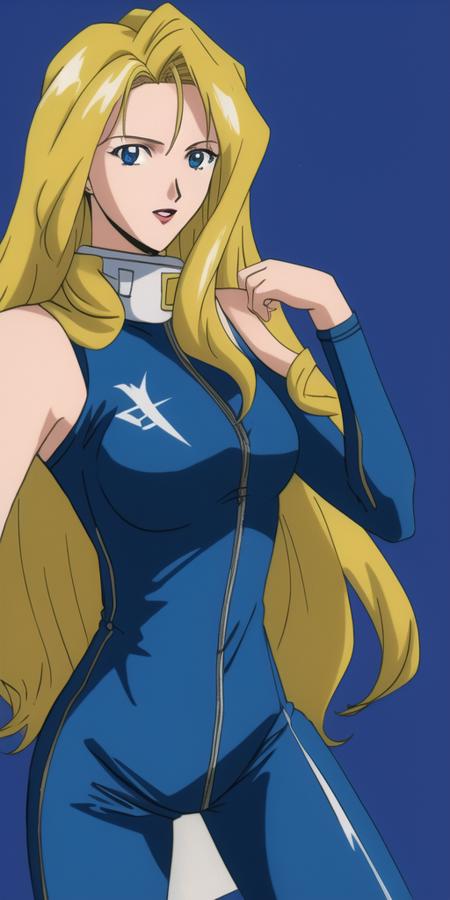 masterpiece, best_quality, highres, <lora:Macross7Rex:0.45>, Macross7Rex, solo, blonde_hair, blue_bikesuit