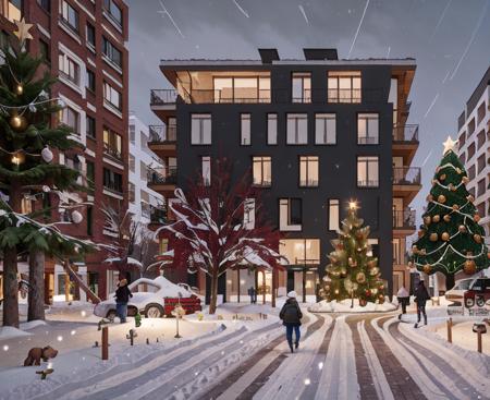 brus apartment colorful, building, winter,  christmas, christmas tree with lights, trees with snow, lights, ( night :1.4), snow, riding bike, people walking, RAW photo,  trees, modern architecture, windows, corona render, highres, high quality, hyperrealistic, super detailed, intricate, shadows, <lora:brusArch:0.7>
  <lora:COOLKIDS_MERGE_V2.5:1>