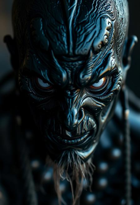 underworld warrior, small white eyeballs, hyper realistic, ultra detailed, translucent oiled skin, black skin