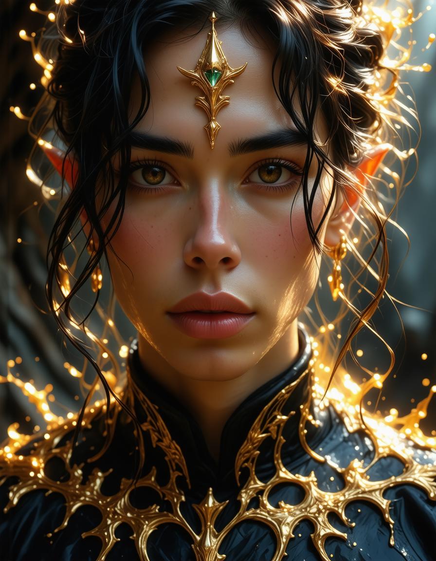 Masterpiece In a liquid gold supreme dark fantasy ultra detailed enchanting and mystical Woman Handsome, with bright skin, clean skin, stilyzed, PSYTRANCE, Trippy, multicolored resplendent luxury jewels, a magical and surreal image, fantastic elf, centered, unreal fantasy, concept art, handsome, Awakening, immersive, trippy, psicodelic, acanthus scrolls, intricately detailed fluid painting, Anthropomorphic, iridescent makeup, eyes looking at camera, esthetics, Paolo Roversi shooting style, building with soft details, ultra-detailed, live, creativity, perfect proportion, handsome, inside universe, balance of light and shadow, Ultra Detailed Complex Splatter, Unreal Engine 5 Volumetric Lighting VHS, inspired fantasy art style, smooth, focused, DMT Experience, mystical, prophecy, intellect, high detail liquid melting, dark colorful ink dripping, surrealistic, Phase One XF IQ4 150MP, Schneider Kreuznach masculineelven man in the dark ghotic exotic in exotic planet gold painting , by Domenico Campagnola, by Francisco de Zurbarán, intricate details, highly detailed, highly detailed face dynamic pose, posing with personality, modeling manual, dignified pose, shot with professional photography by Martin Schoeller UHD, HDR, complex background, nightmare, dark luminescent gold liquid, Brian Froud, Arthur Rackham hyperdetailed, oasis, ouroboros  dark art by by Jean Baptiste Monge, Alberto Seveso, Jeremy Mann; Miki Asai Macro photography, close-up, hyper detailed, trending on artstation, sharp focus, studio photo, intricate details, highly detailed, by greg rutkowski, 3D octane render, splash swirling dripping, melting, maximalism, octane render, unreal, 8k, depth of field, bokeh, front view, handsome, masculine, heavenly mists, glorious light, magnificent, hyper realistic, brian froud, jeremy mann, tim burton, provocative pose, masculine expression,  model expression, complex patterns. crystallized Tattered illuminated, Eyes glow so lovely, heavenly light, The ambient lights enhance the detailed textures . Ultra-high definition, highly detailed, blending fantasy elements with fantay design.