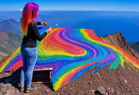rainbow morph,1 female with rainbow-colored hair, standing on a mountainside, she is painting on a large canvas board, (mountain view on canvas board:1.2), creating a vivid and colorful rainbow, marvelous, and extraordinary, with intricate details and a sense of wonder, made out of rainbow