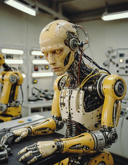 Surrealist art breathtaking mid-range shot of robotic assembly arm sculpting the facial features of a synthetic humanoid,yellow industrial limbs with surgical precision tools,faceplate half-installed on pale artificial skin,background filled with blurred rows of nearly identical figures,cold overhead LED lights casting industrial gleam,shot on Fujifilm Pro 160NS,Canon 5D Mark IV with 35mm lens,tone of mechanical repetition and identity erosion,<lora:add-detail-xl:1>,OverallDetailXL,ArsMovieStill,<lora:MJ52_v2.0:0.7>,<lora:EldritchCandids1.1.2:0.75>,<lora:EpicF4nta5yXL:0.4>,<lora:Year_3000_Movie_Stills:0.5>,<lora:10s_Retro_Movie:0.35> . award-winning, professional, highly detailed . Dreamlike, mysterious, provocative, symbolic, intricate, detailed