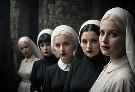 closeup front view, Split Diopter style, busty nuns standing in a row, front view, lustful blushed pureerosface_v1 vintage nuns looking to viewer, Capture the anticipation: A vintage scene unfolds as a group of nuns, clad in white habits and bonnets, cautiously open the doors of an ancient castle. Their faces alight with curiosity and expectation, embodying a moment steeped in mystery and intrigue.
deep blacks, high contrast, atmospheric haze, Film grain, cinematic film still, shallow depth of field, highly detailed, moody, epic, OverallDetail, 2000s vintage RAW photo, photorealistic, candid camera, color graded cinematic, atmospheric lighting, imperfections, natural, shallow dof