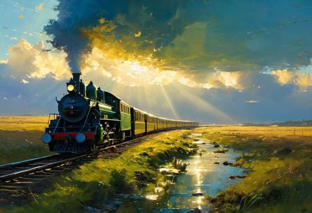((masterpiece, best quality, high quality, highres, ultra-detailed)),  ,a moving train <lora:soldart:0.6> <lora:AngelicAI:0.1> <lora:add_detail:1>,, against the background of the a moving train, blue sky, sunny day, epic clouds, (oil painting:0.1),  (best quality, 8K, high resolution, extreme detail, outstanding composition:1.4), art by Jeremy Mann, god rays, dramatic light,   (oxygen-rich air and sheltered atmosphere, , aesthetic of hard - edge painting:0.1),
