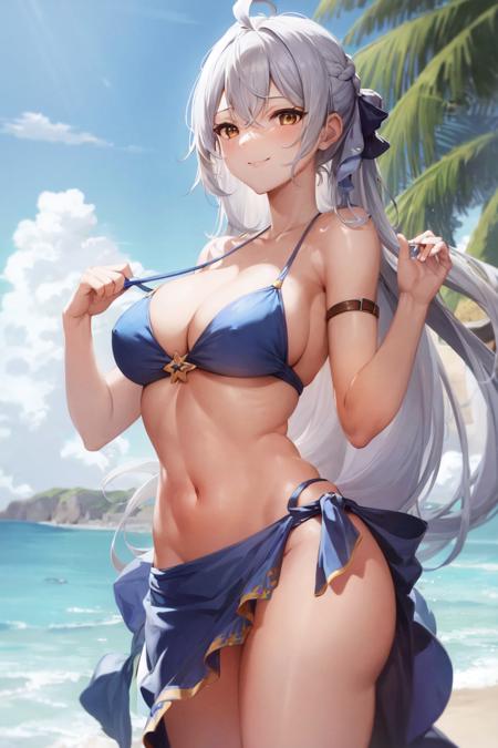 masterpiece, best quality, absurdres, perfect antomy, Silva, silver hair, 1girl, solo, smile, cowboy shot, standing, outdoors, long hair, breasts, medium breasts, hair between eyes, braid, ahoge, beach, cleavage, navel, bare shoulders, blue bikini, blue thigh strap, sarong