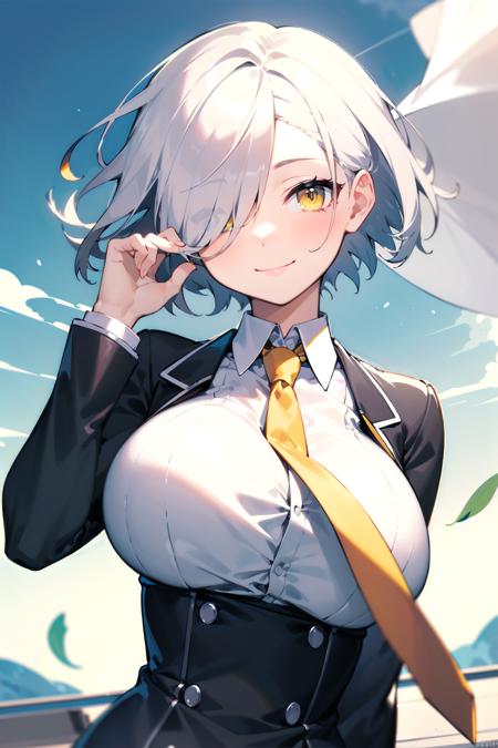 masterpiece, best quality, outdoors, short hair, silver hair, yellow eyes, hair over one eye, wind, close-up, large breasts, (necktie:0.9), smile, hand up,