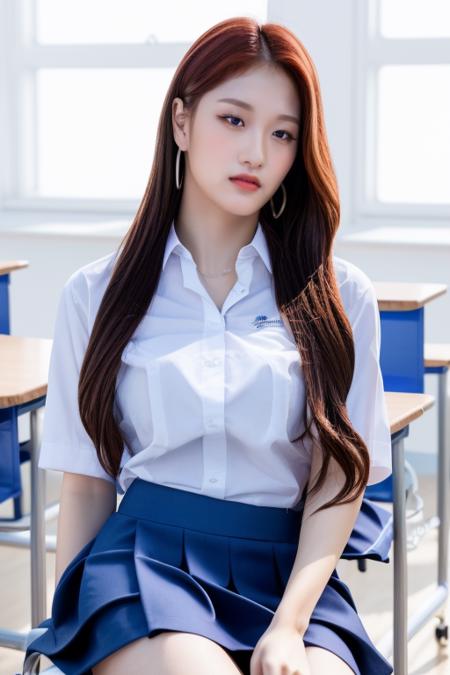 <lora:fromisSeoyeon:1>,Seoyeon,RAW photo,physically-based rendering,(8k, best quality, masterpiece:1.2),(full body shot:1.2),octane render,extremely detailed CG unity 8k wallpaper,studio soft light, rim ligh,in classroom,sunlight,(school uniform:1.5),hyper realistic detail shiny skin,ultra detailed,(ultra realistic:1.5),(looking at viewer:1.2),(intricate:1.2),(photorealistic:1.4),chair,desk,1girl,(skinny:1.3),1girl