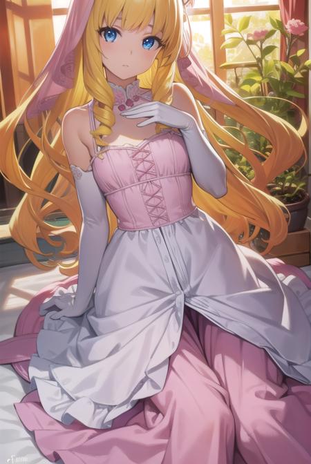 latifa fleuranza, (yellow hair:1.5), blue eyes, long hair, diadem, tiara, elbow gloves, gloves, white gloves, dress, frilled dress, long skirt, frilled skirt, corset, (pink dress:1.5),