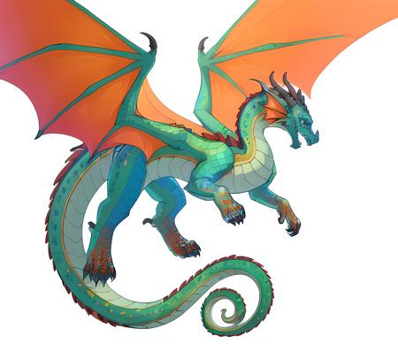 (Dragon Glory:1), smiling, (flying:1), (white background:1.4), (cute), adorable, green body, orange paws, orange wings, rainbow dragon, dragon, four legs, green eyes