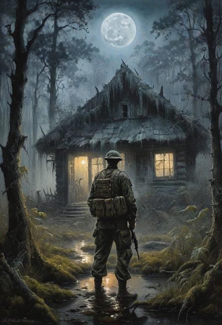 hero in camouflage with a ak-47 in his hand in front of creepy hut, swamp with dense fog, dense forest, full moon, moonlight, Chernobyl, low key, dark, chiaroscuro, mystic, oil and watercolor painting, mystical dense fog, epic scene, haunting mist, dark fantasy art by Kerem Beyit