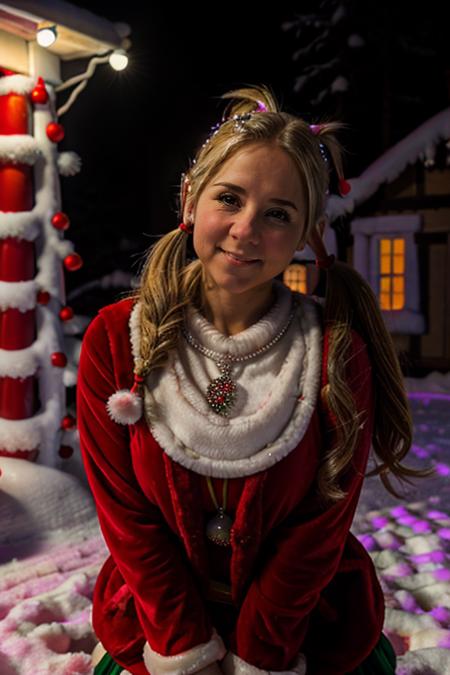 mrs santa claus, santas grotto, north pole, elves, snowmen, candy canes, snow, icicles,  <lora:Sarah_Jane_Honeywell:1> masterpiece, best quality, detailed face, 1girl, solo, a young sj1873h, blonde_hair pig tails