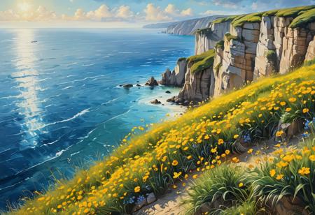 hand painted landscape, a view over the ocean from the cliffs, photo grain, beautiful yellow flowers abundantly cover the grass, clear blue sky, the water has highly reflective surface, selective focus, impact, masterpiece